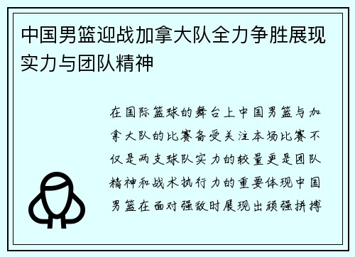 中国男篮迎战加拿大队全力争胜展现实力与团队精神